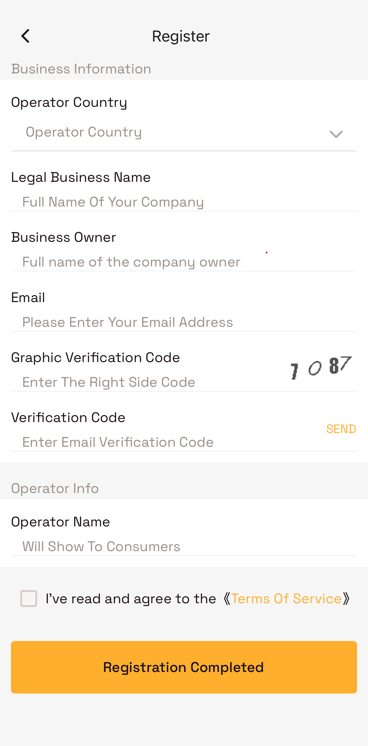 Operator account registration